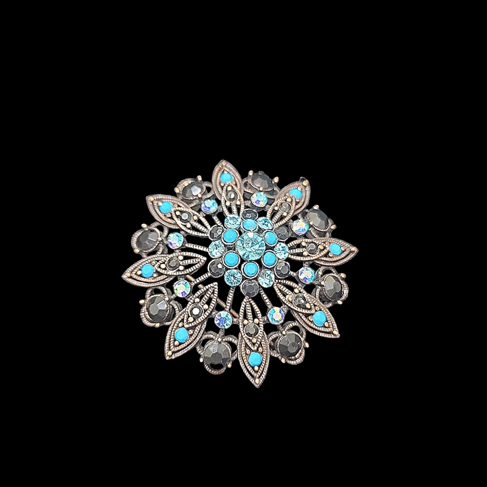 Vintage Coppertone Brooch Pin with Blue & Black Rhinestones 2" Diameter